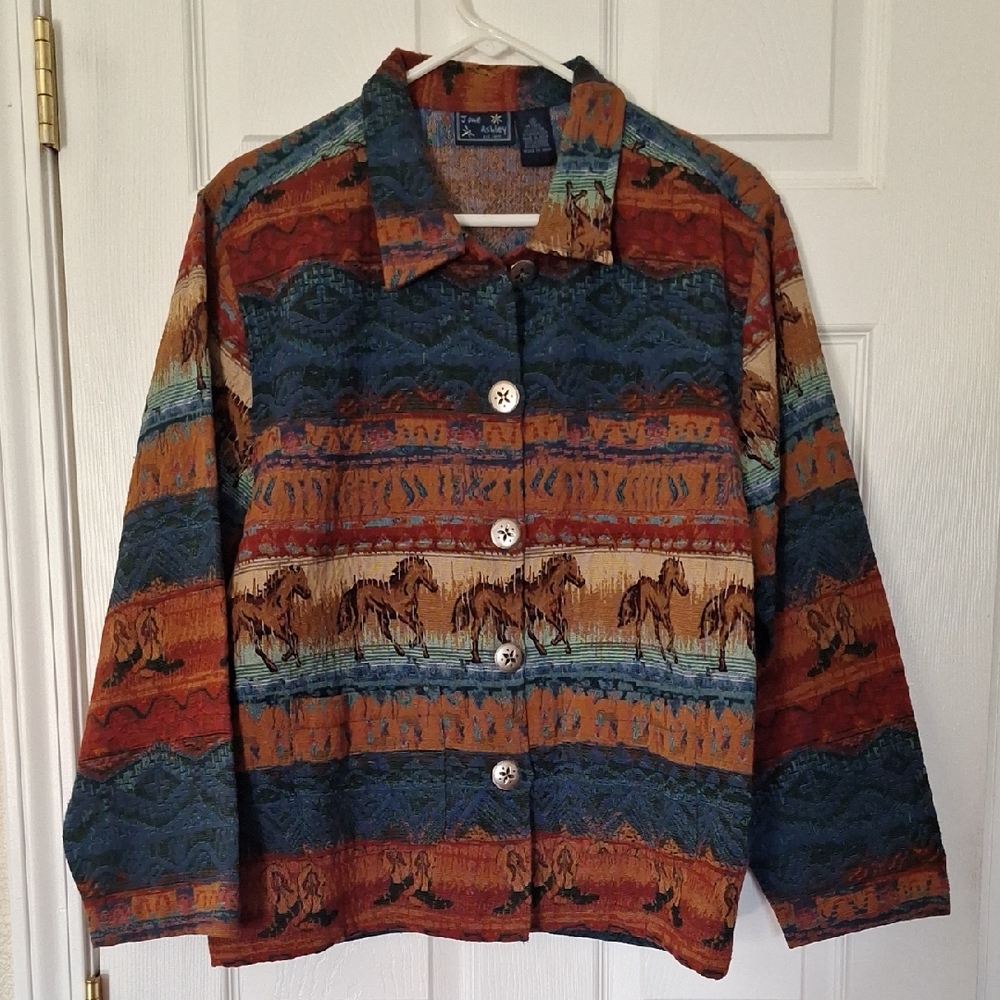 Jane Ashley Southwestern Horse-Stripe Button Jacket in Rust, Teal & Navy